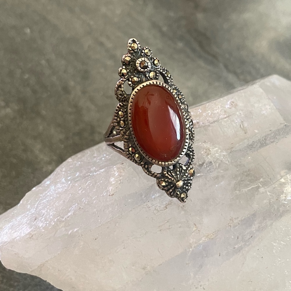 SOLD Carnelian Marcasite Sterling Ring 5.5 - Picture 4 of 9